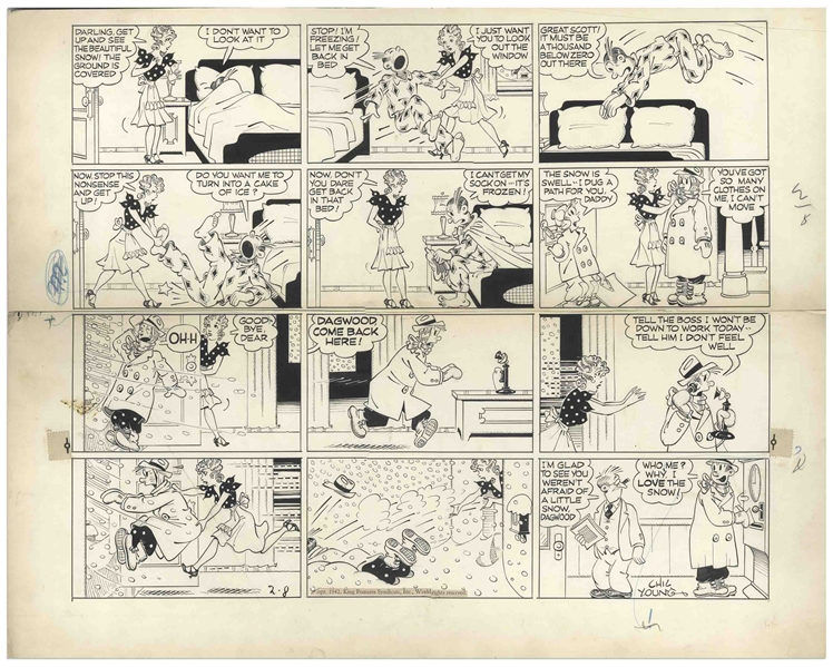 Chic Young Hand-Drawn ''Blondie'' Sunday Comic Strip From 1939 -- A Good Winter's Snowfall